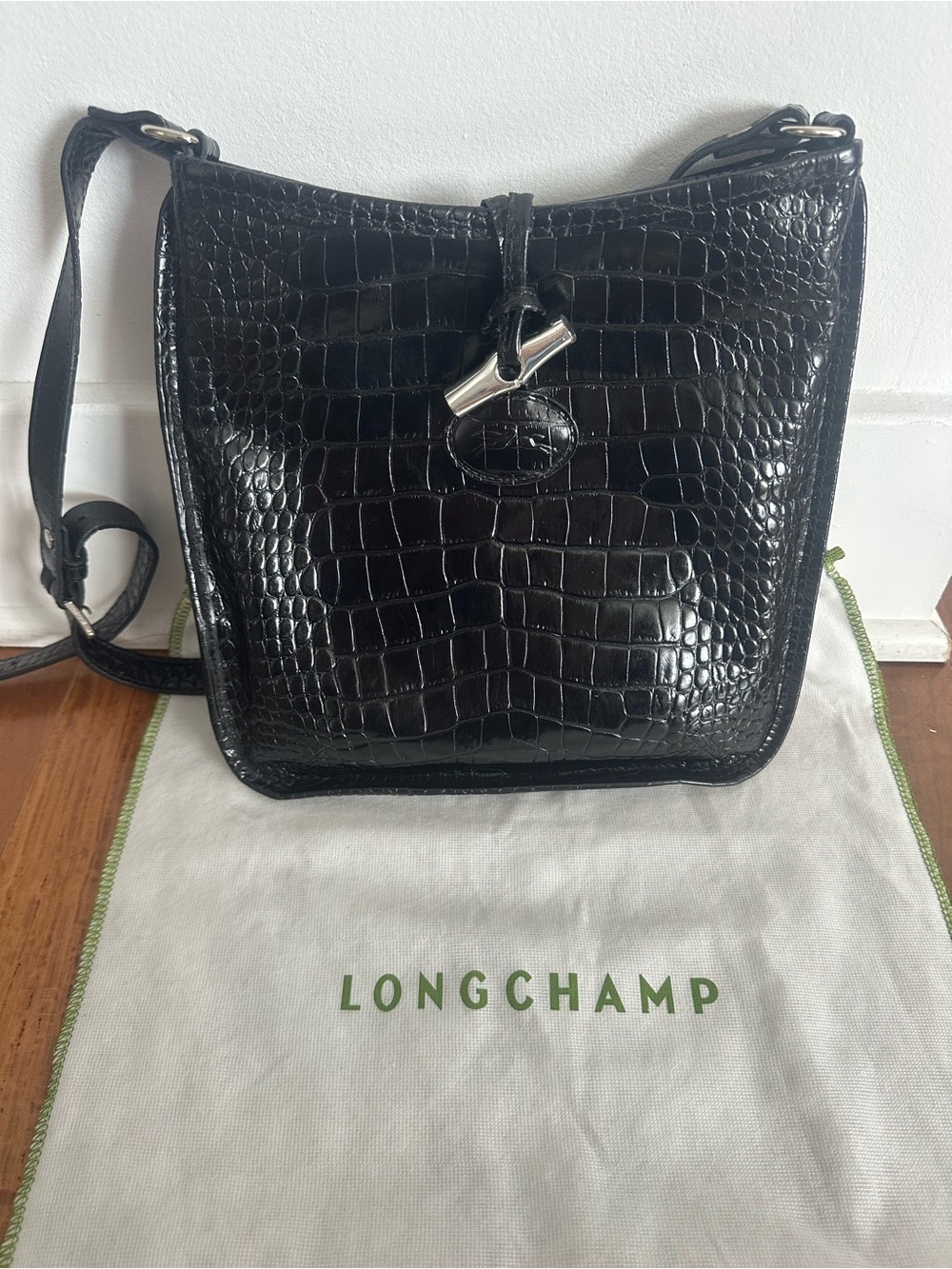 Longchamp Roseau Black Shiny Croc-Embossed Leather Crossbody Bag